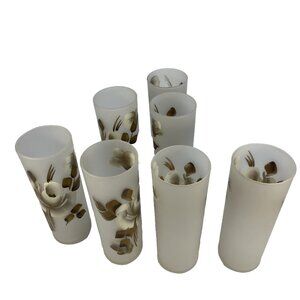 7 Vintage Federal Collins Frosted Glass Hand Painted Brown White Flowers 6.75 In